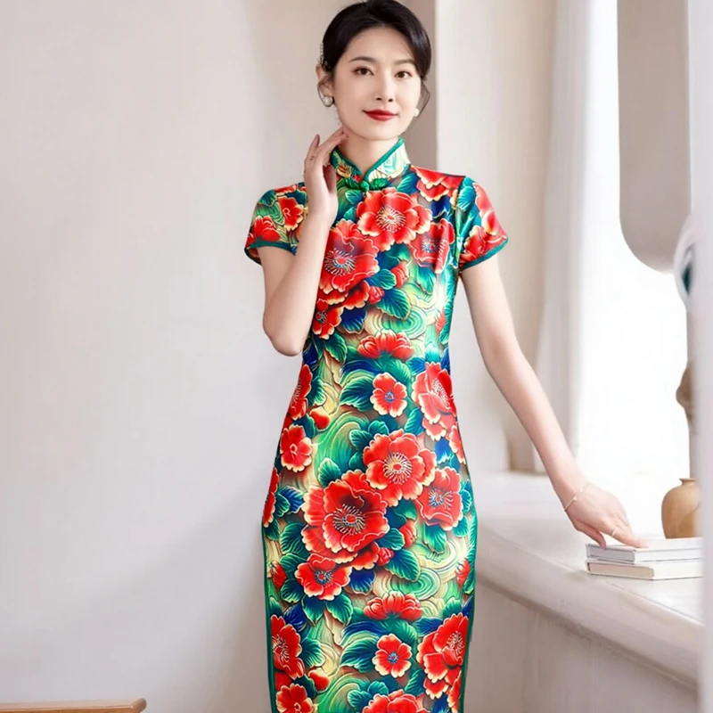 中国风改良旗袍立体印花夏2024新款修身显瘦连衣裙日常新中式表演