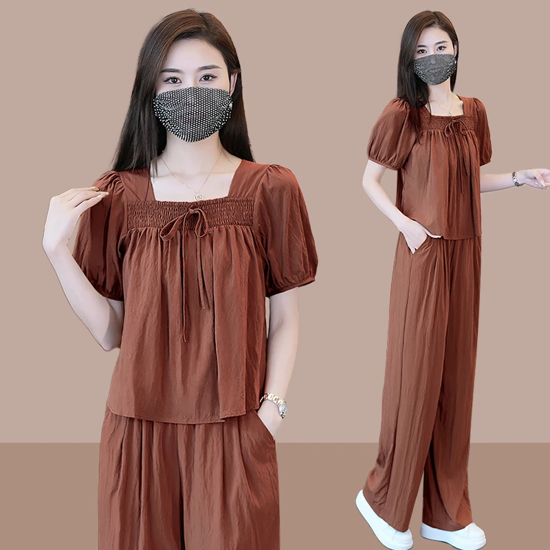 冰丝阔腿裤套装女2025夏季网红爆款时尚洋气质减龄雪纺长裤两件套