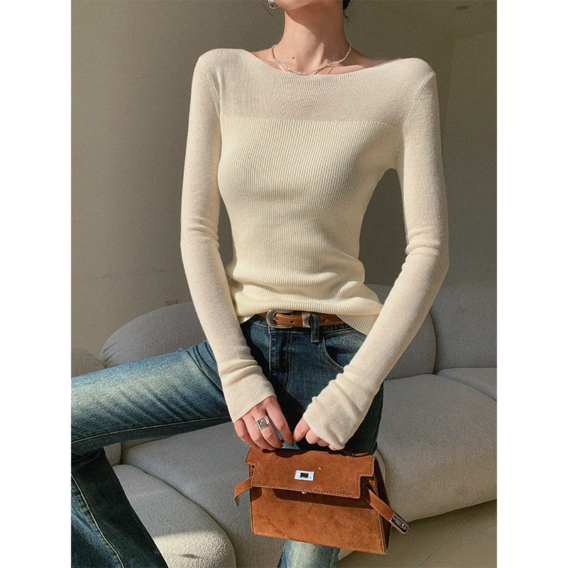 JWUNIQUE酒窝米色长袖针织衫女早秋2025修身显瘦设计感打底衫上衣
