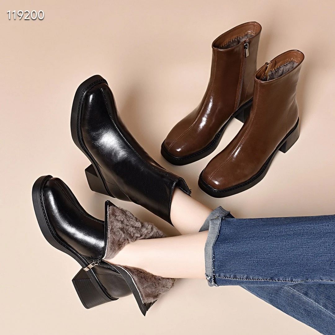 方头女粗跟保暖马丁靴单靴高跟时尚时装靴瘦瘦靴筒靴