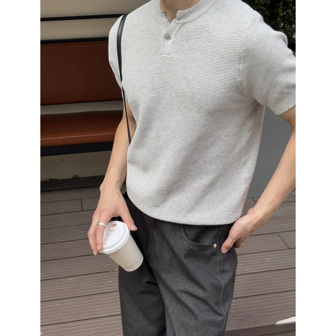 韩国男装 玉米格纹肌理感针织衫亨利领合身版韩系气质透气休闲TEE