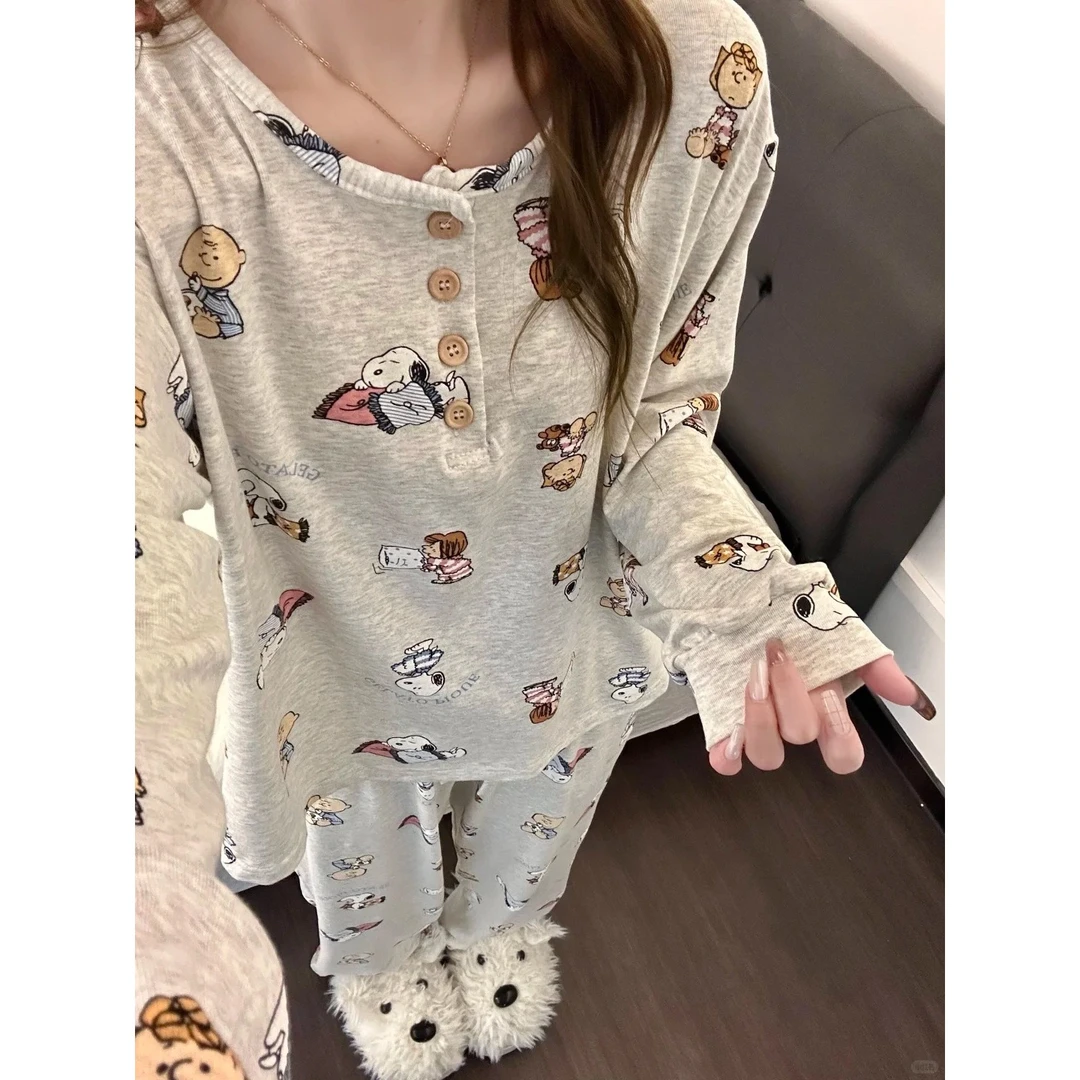 韩系甜美卡通史努比印花睡衣女秋冬新款长袖长裤家居服套装可外穿