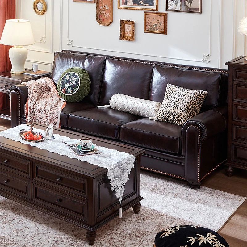 大巴顿皮沙发美式轻奢落地复古客厅简约北欧欧式直排沙发