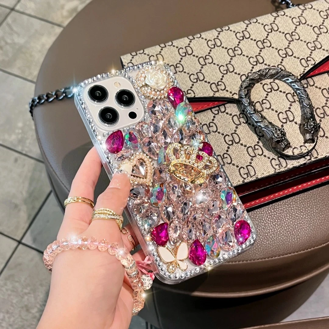 适用苹果16/华为/vivo/OPPO贴钻手机壳防摔奢华玫红皇冠气质网红