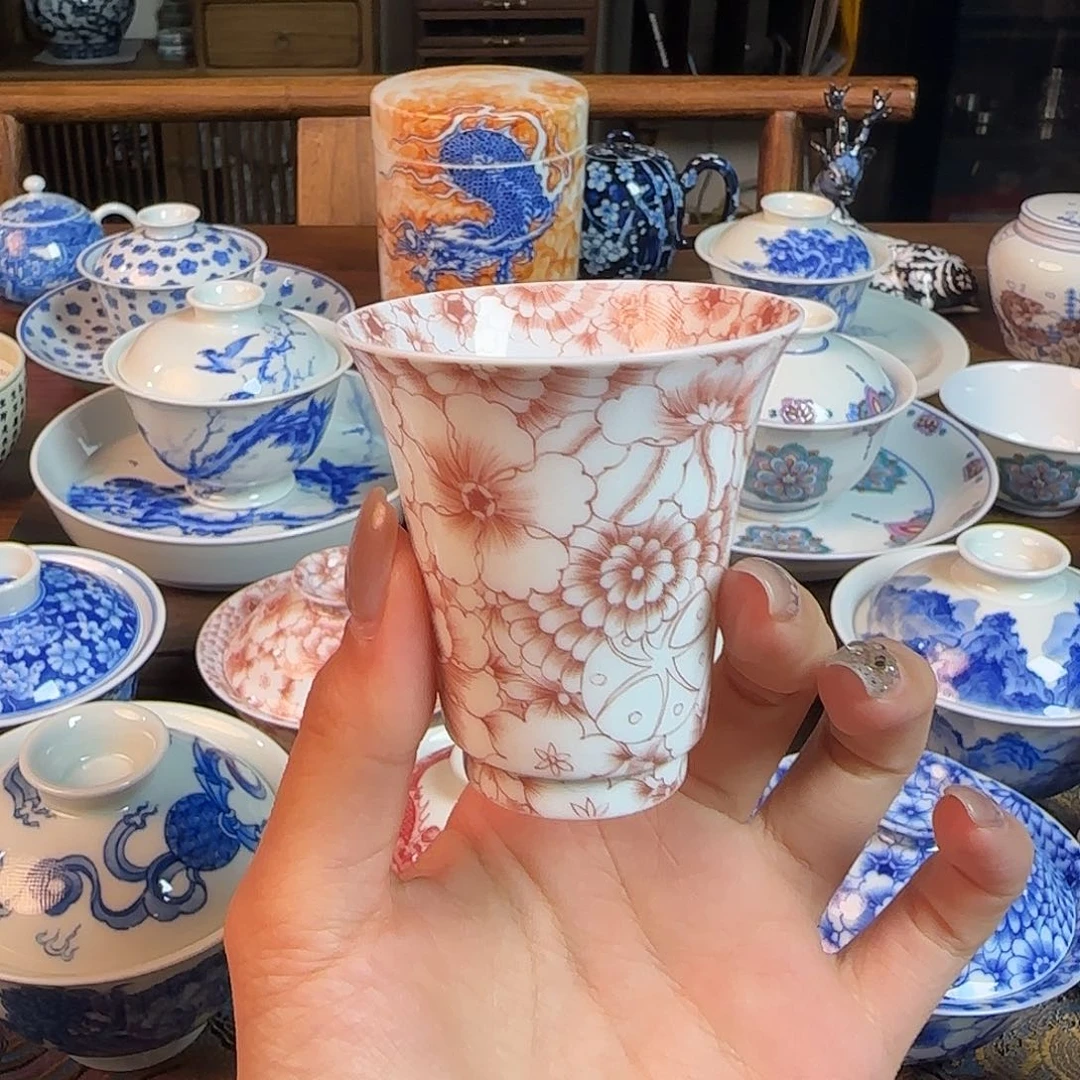 重工釉下红闻香杯手绘