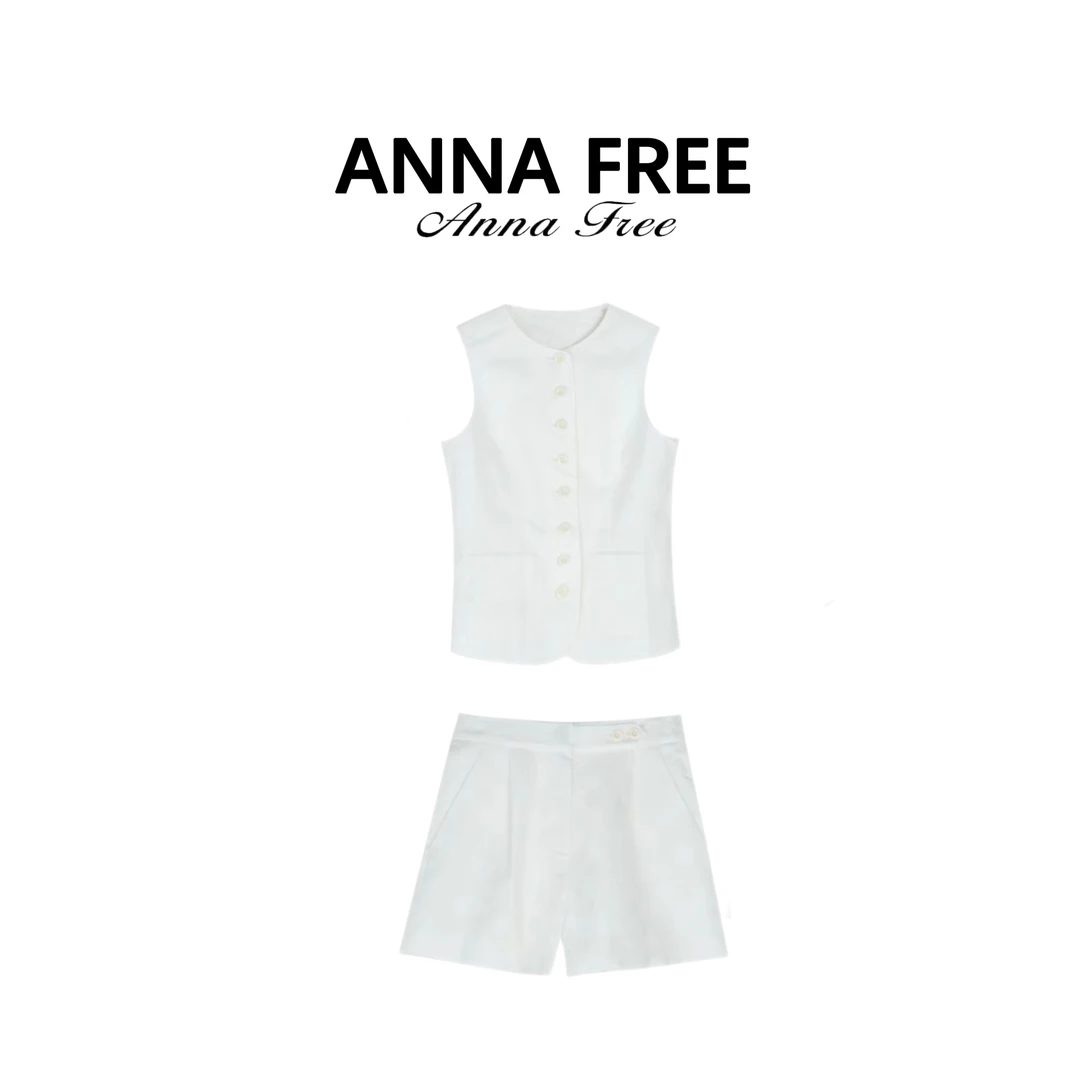 ANNA FREE 100亚麻修身法式小香风马甲背心纯色短裤套装ZCM25404
