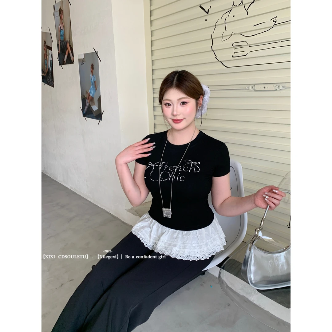 【PPEIQI】"早川少女"微胖烫钻短袖设计感拼接显瘦百搭圆领短上衣