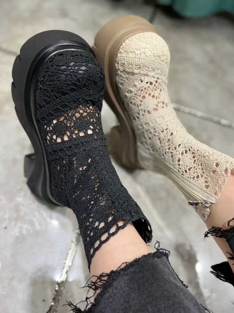 唐小肉潮搭欧货高筒靴女2025爆品推荐舒服单层透气网面粗跟5-241