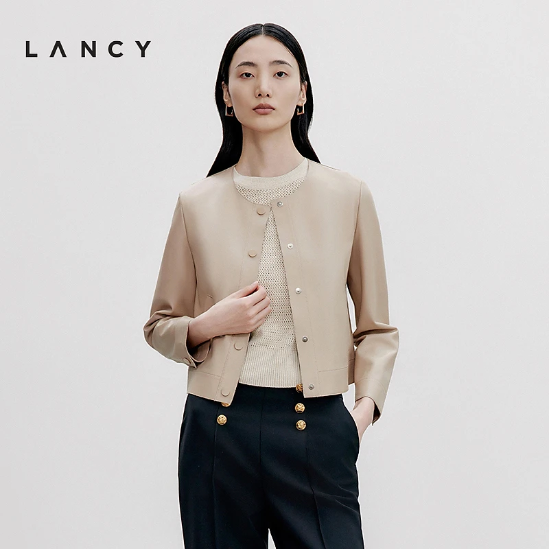 LANCY/朗姿秋季新款圆领皮夹克短外套浅色简约皮衣女