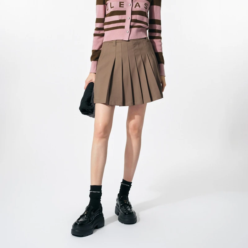 uti咖色复古学院风百褶短裙女百搭简约A字裙半裙春季新款