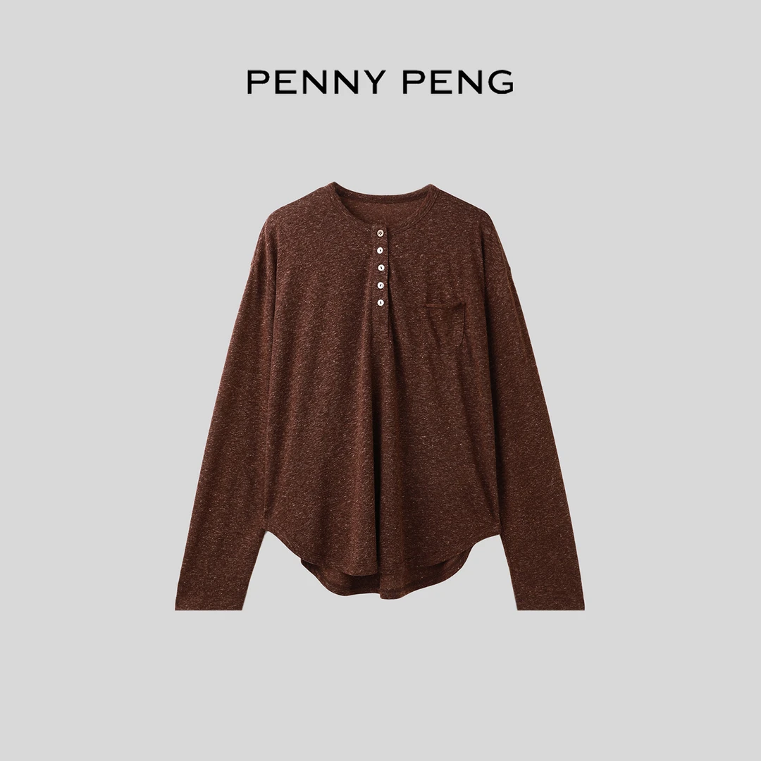 PENNYPENG炭烧乌龙 秋冬新款极简风高级感设计师亚麻圆领上衣长袖