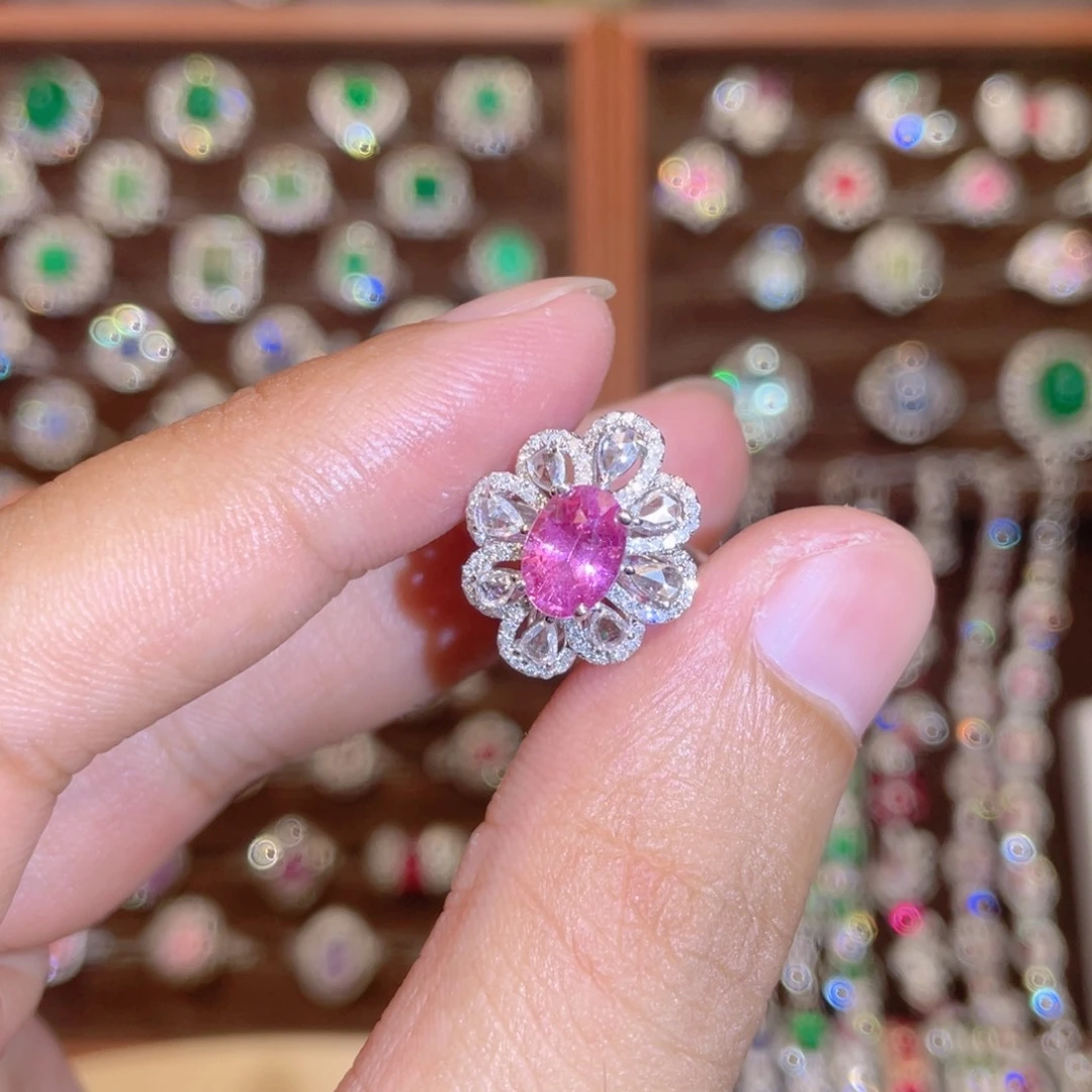 戒指18K金镶嵌彩色蓝宝石1.5ct 无烧帕帕 两用