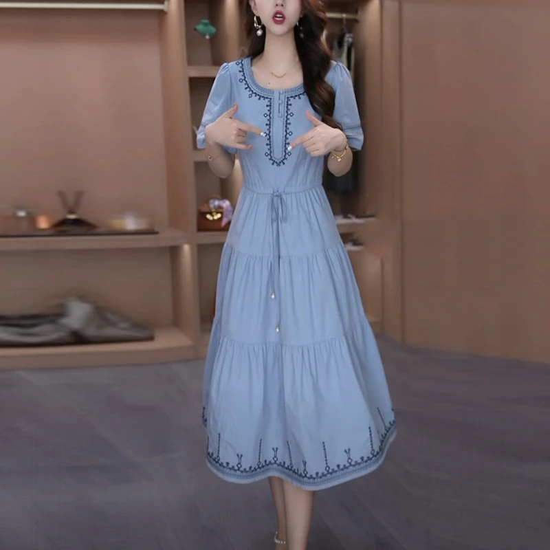 冰竹棉温婉大方衣服2025夏季新款时尚洋气优雅民族风拼接连衣裙子