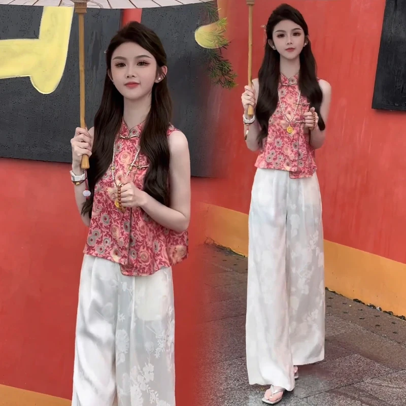 时尚新中式套装女夏季新款盘扣无袖提花背心上衣阔腿裤气质两件套