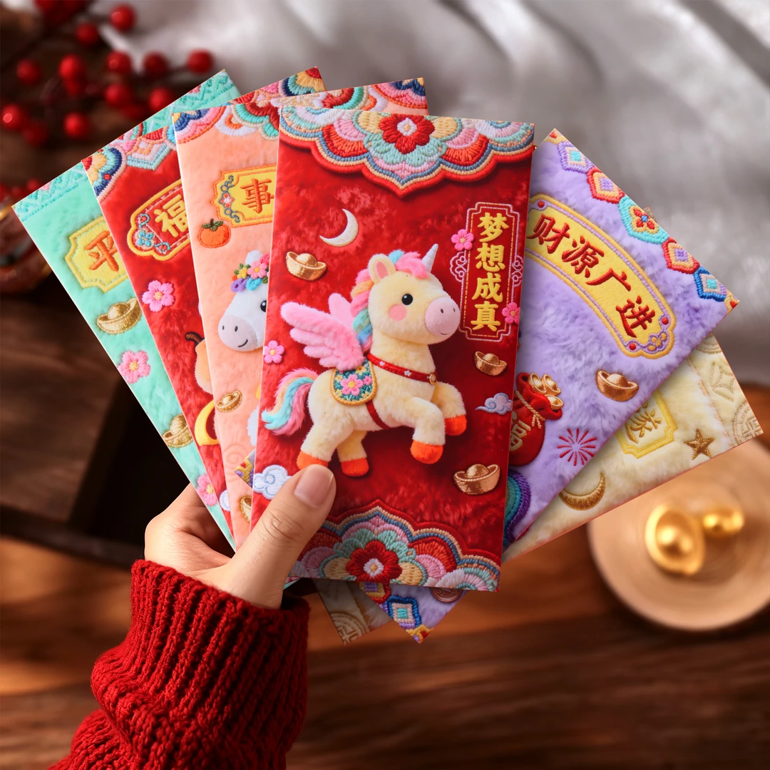 2026马年立体刺绣风格平面款创意红包中式利是封卡通新年压岁春节