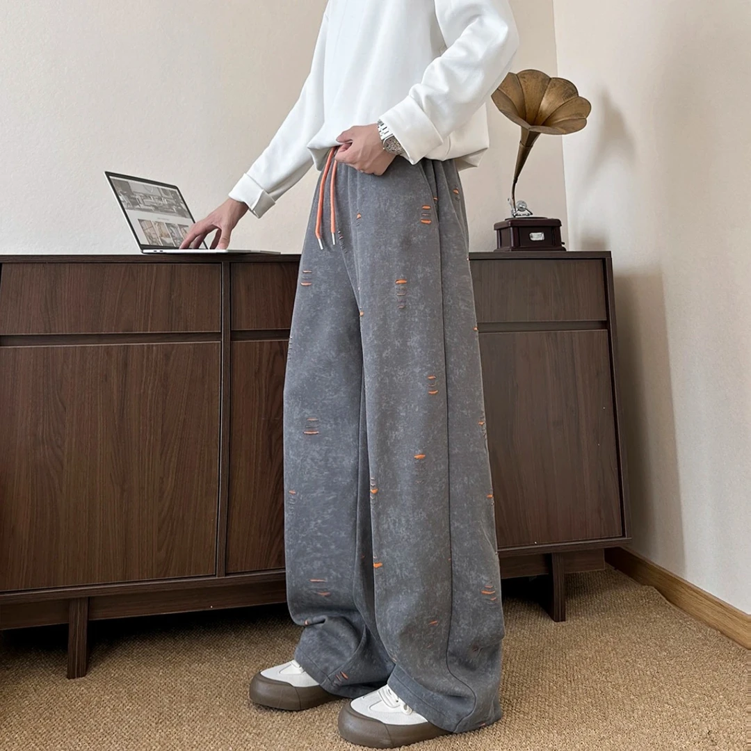 早秋美式重磅做旧休闲裤男士潮流撞色卫裤男女百搭宽松情侣直筒裤