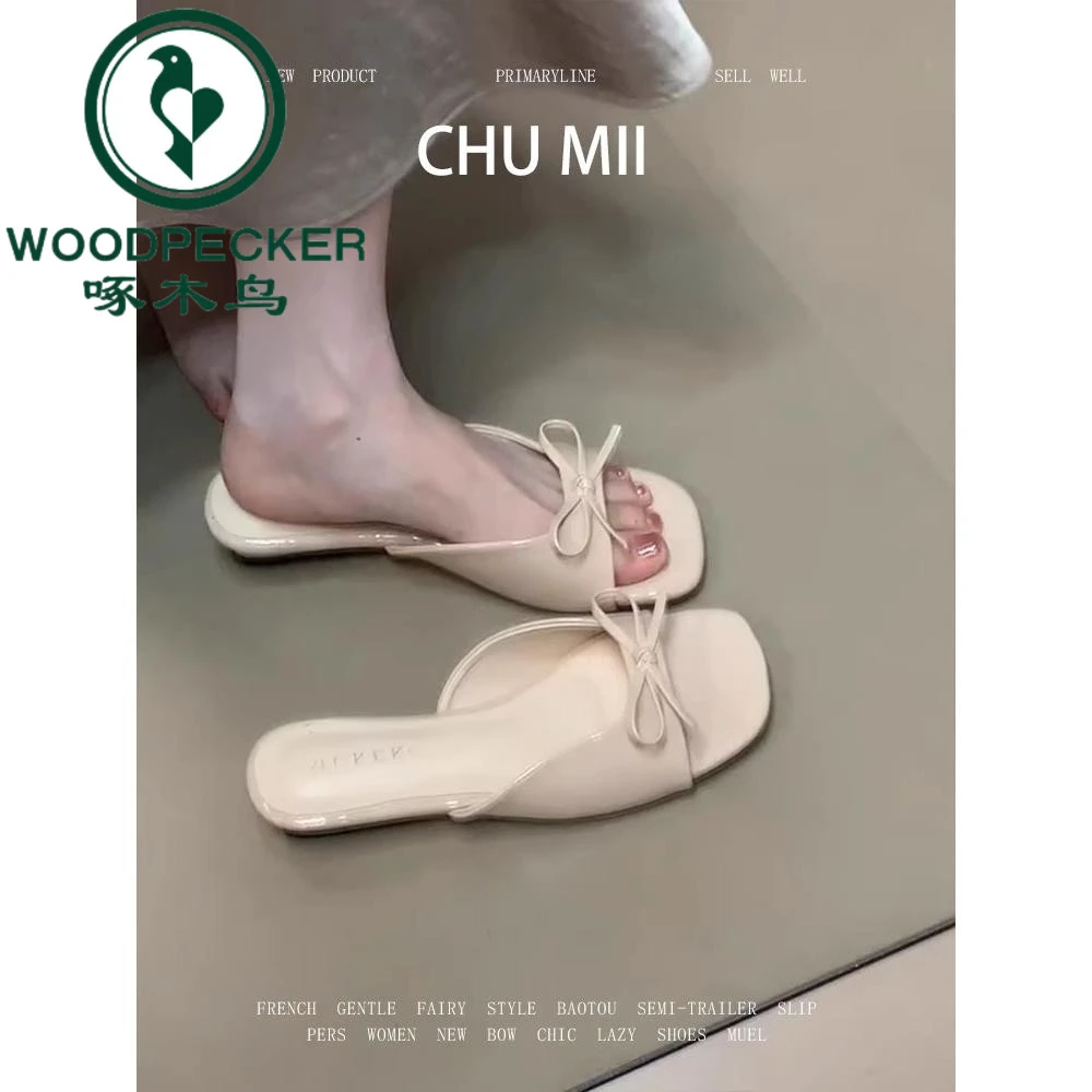啄木鸟平底凉鞋女法式蝴蝶结露趾凉拖鞋女方头坡跟仙女风一字拖