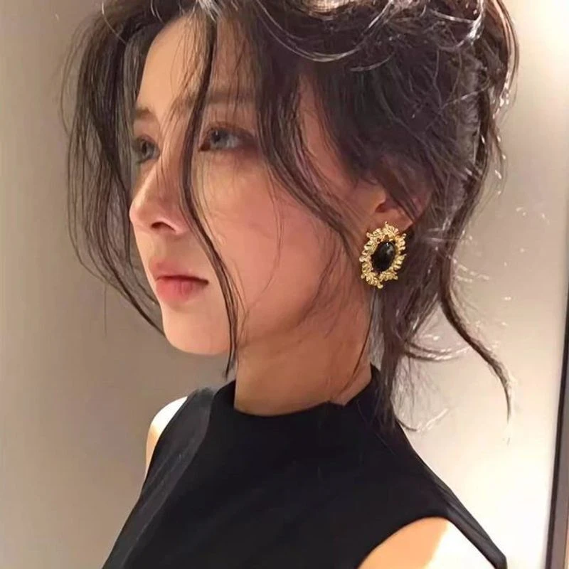 足银玻璃耳饰 银针几何椭圆叶子耳钉法式宫廷风时尚百搭气质耳环
