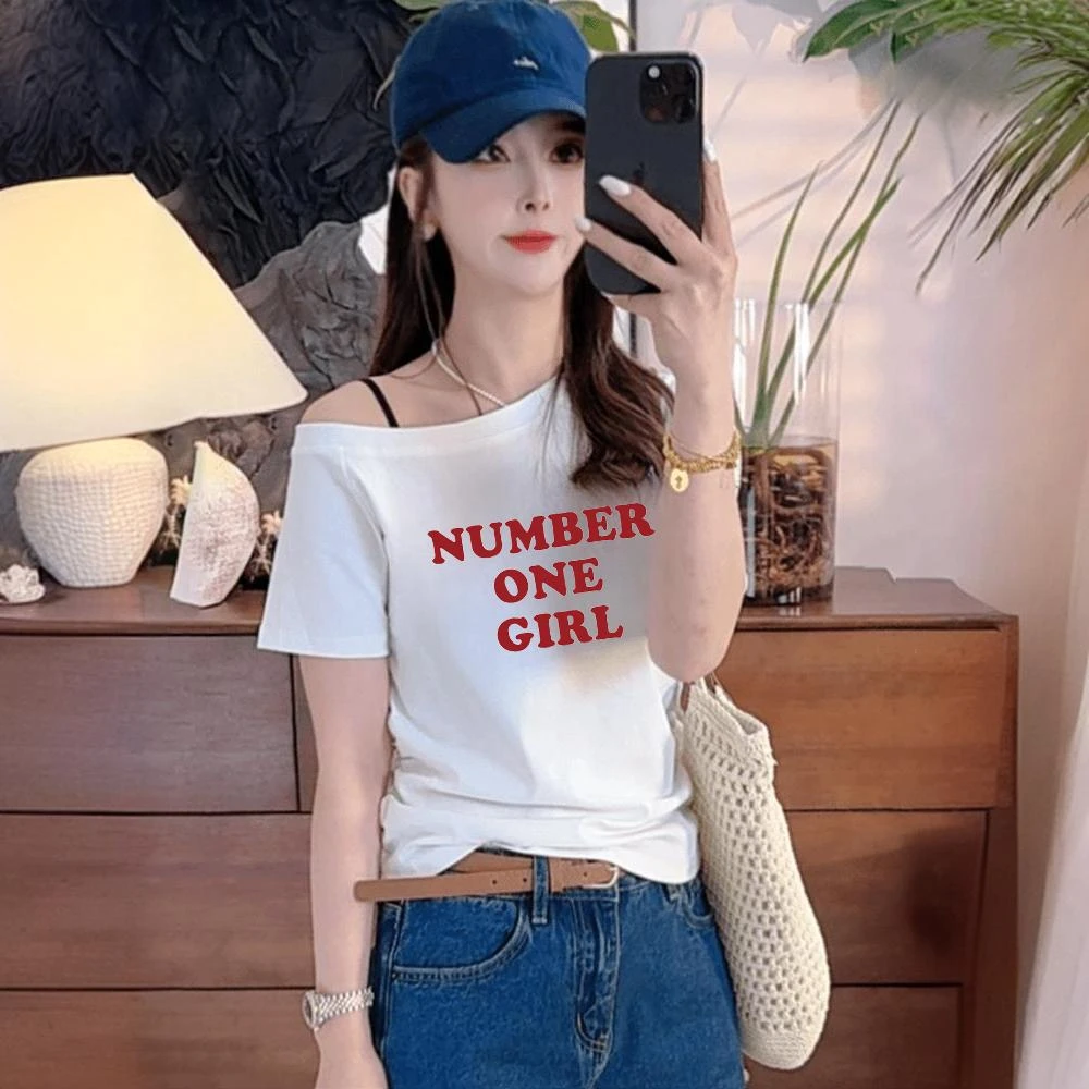 一字领上衣女2025夏季新款爆款超火减龄修身显瘦斜领露肩短袖t恤