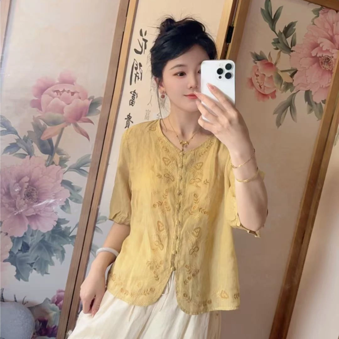 国风中式圆领刺绣苎麻上衣女2025夏季新款时尚百搭气质女士衬衫