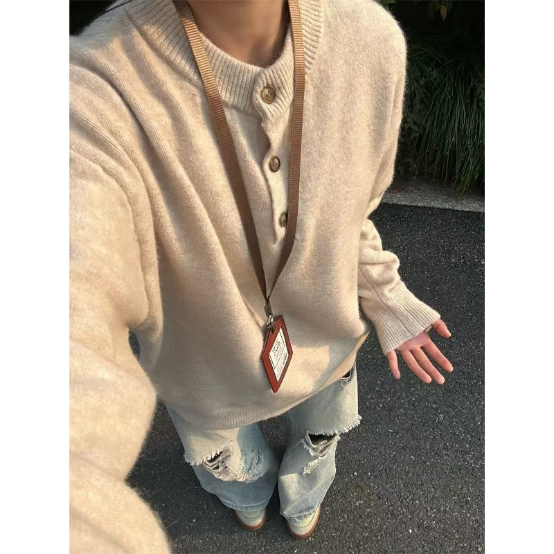 cleanfit杏色亨利领毛衣男秋冬季慵懒风高级感穿搭内搭打底针织衫