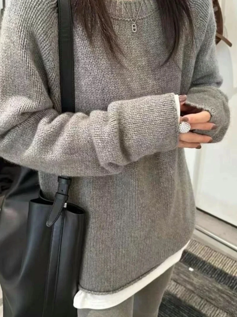 气质通勤款8349女加厚宽松圆领毛衣慵懒风针织打底衫秋冬款