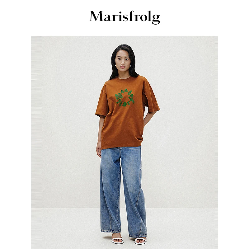 【米儿精选】玛丝菲尔复古宽松休闲设计师圆领纯色印花T恤AAFZ11017