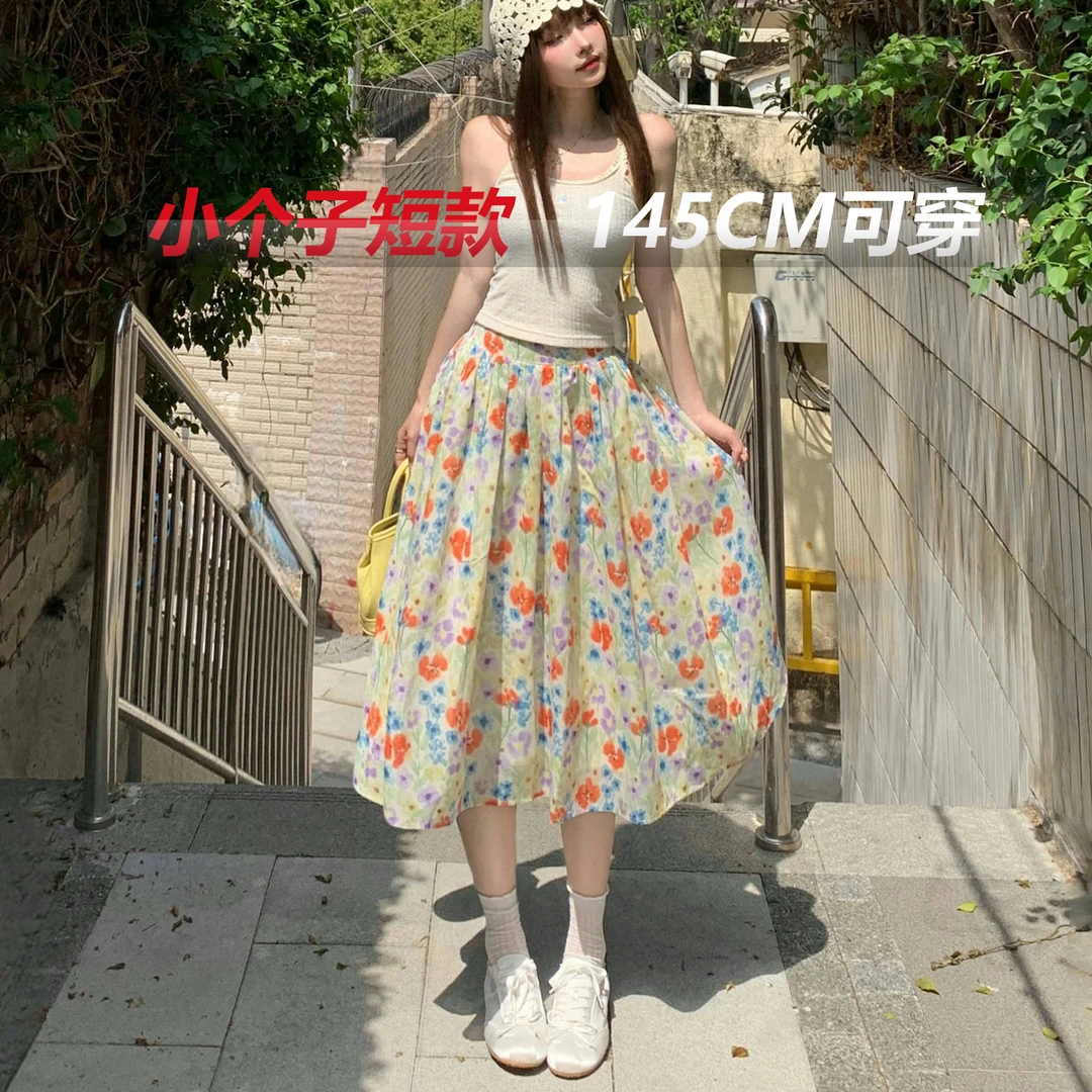 夏季小清新碎花半身裙女薄款2025新款法式花卉百褶裙高腰A字裙子
