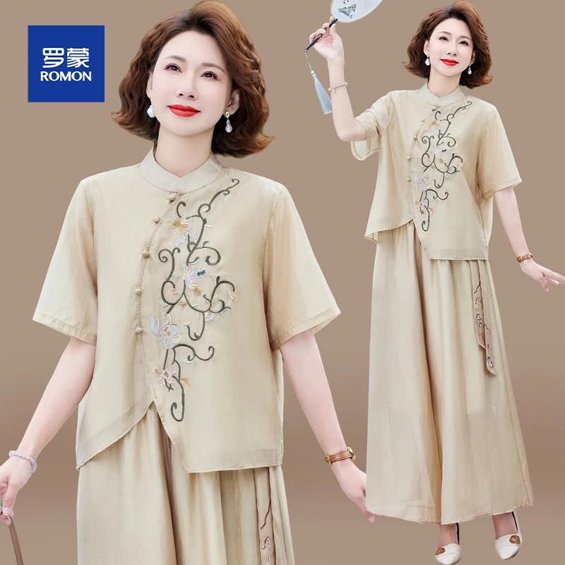 妈妈夏装套装洋气新中式2025新款中老年夏季短袖上衣裙裤两件套女