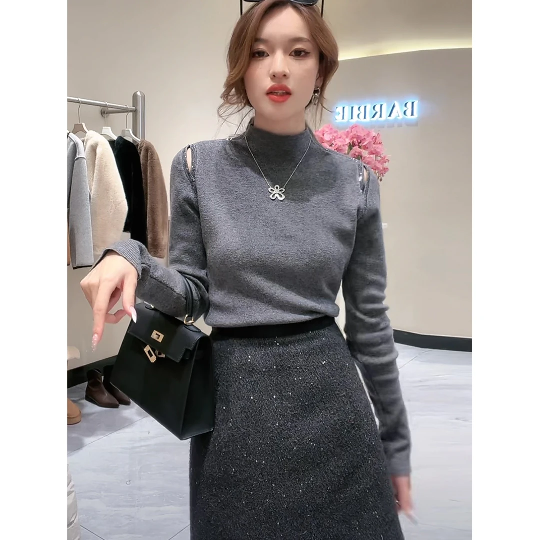 时尚洋气镶钻半高领打底针织衫女秋装新款显瘦修身内搭套头上衣潮