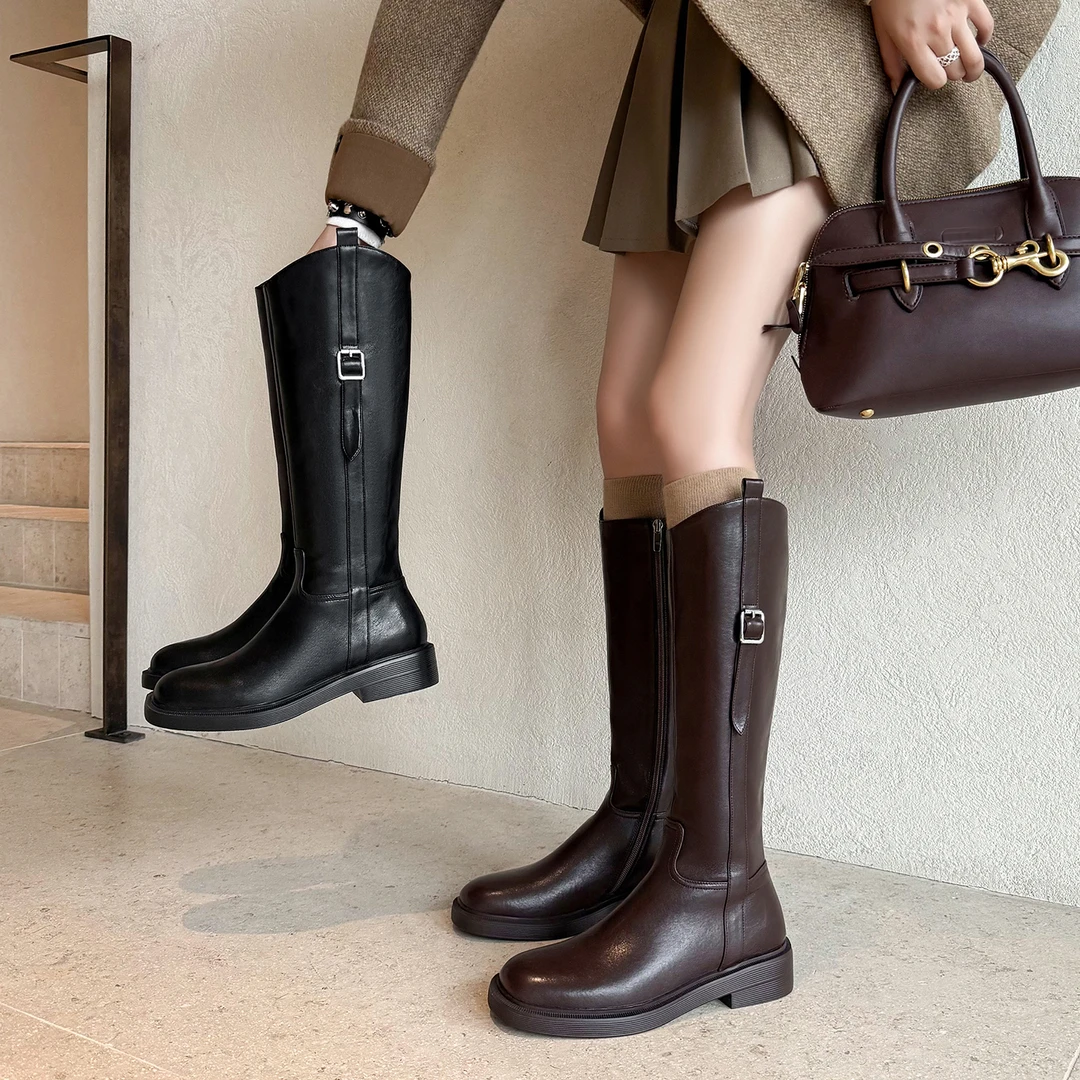 3.5CM英伦风时尚简约骑士靴2025秋冬新款方头粗跟不过膝高筒长靴