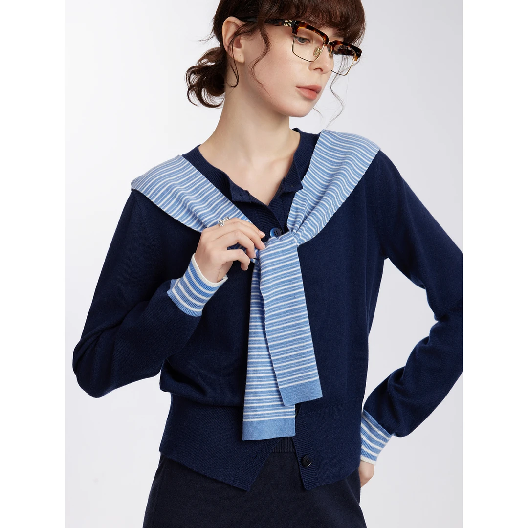 ELLE绵羊毛撞色针织开衫2025春季欧若风假两件披肩上衣EZ50446