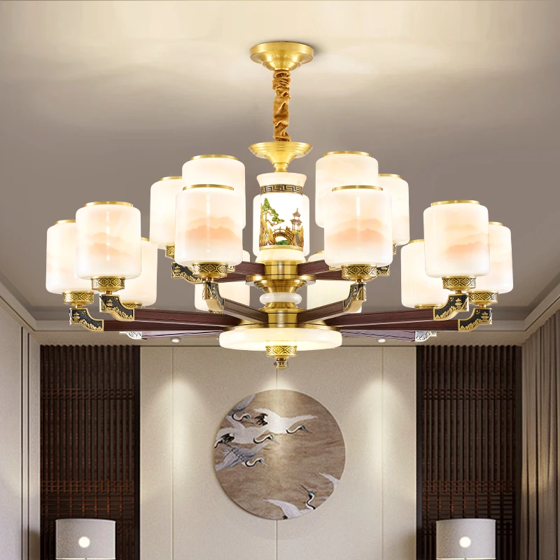 新中式全铜实木吊灯禅意别墅餐厅客厅餐厅书房福利小桥流水吊灯