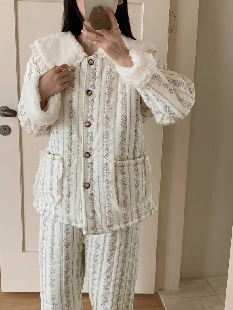 韩系冬季加绒加厚三层夹棉小清新碎花绒翻领甜美风家居服睡衣