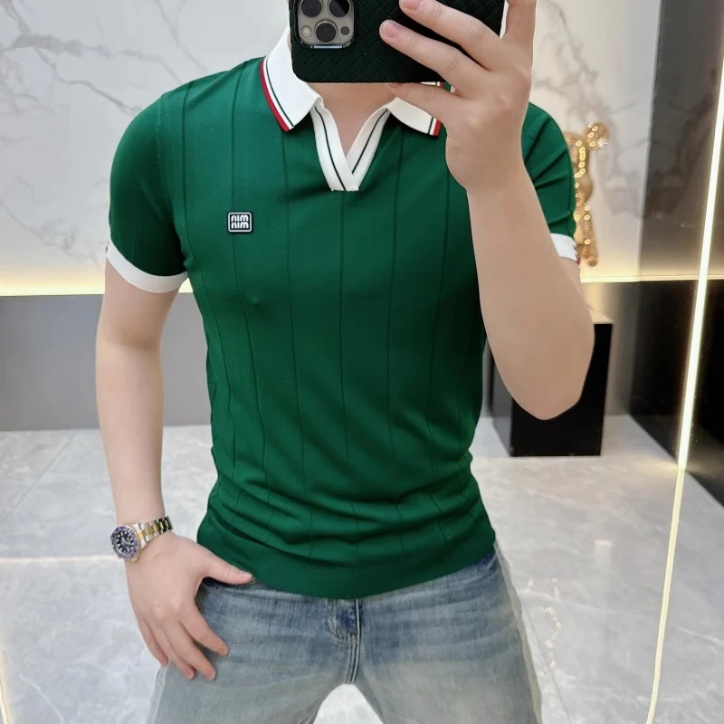 欧货轻奢短袖POLO男士针织冰丝T恤夏季时尚休闲百搭衬衣翻领25312