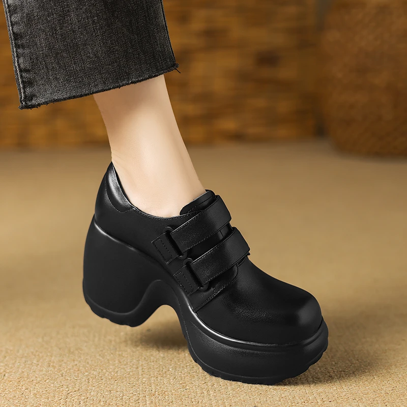 巨舒适圆头高跟鞋10cm厚底坡跟真皮单鞋女小个子增高魔术贴小皮鞋