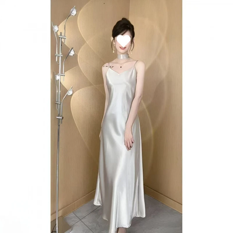 缎面新款优雅气质法式连衣裙夏季鱼尾醋酸高级显瘦吊带裙长裙吊带