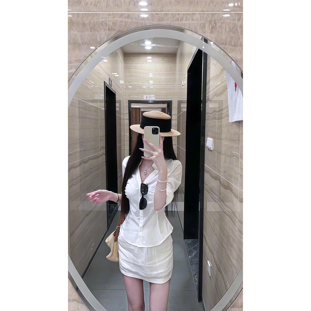 白色polo领领掐腰中袖衬衫女夏季高腰包臀半身裙短裙老钱风两件套