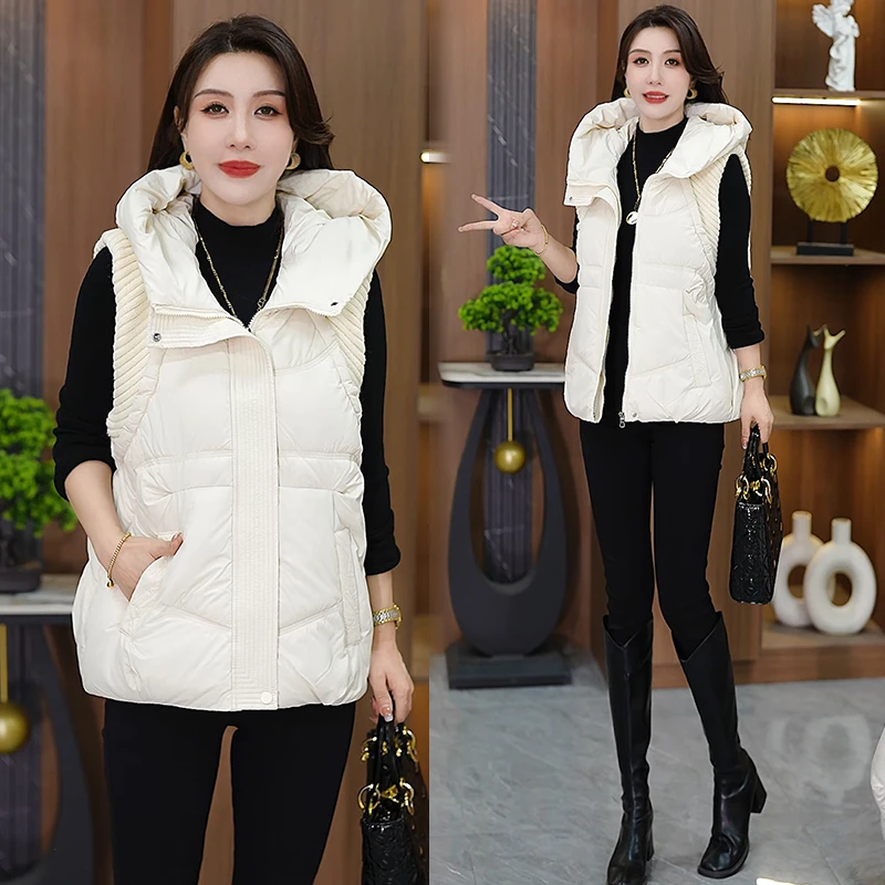 连帽女厚款宽松型韩版纯色立领马甲2025冬季新款拼接保暖拉链马夹