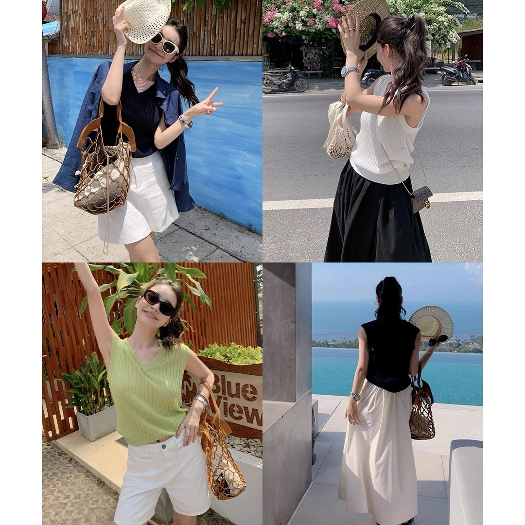 夏季莱赛尔马甲背心女宽松高级感气质V领无袖针织衫百搭显瘦上衣