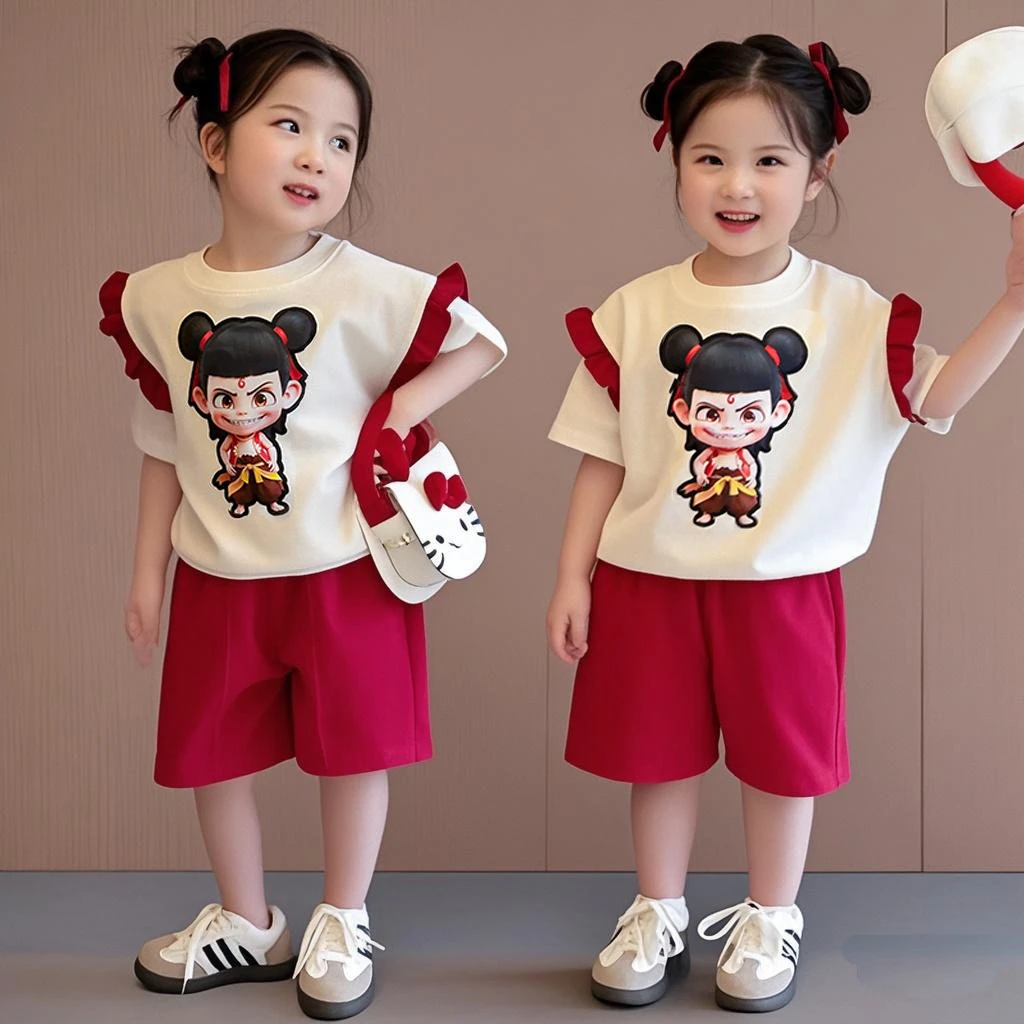 女童哪吒短袖套装2025夏季新款儿童女宝宝运动T恤短裤两件套女孩