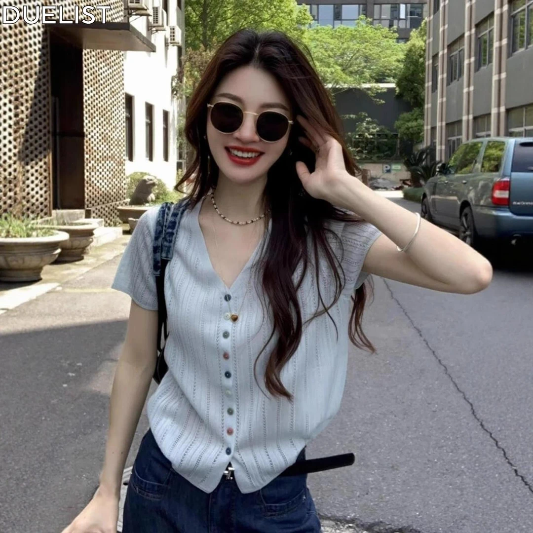 DUELIST彩色扣镂空针织开衫短袖恤女夏季设计感独特漂亮正肩上衣