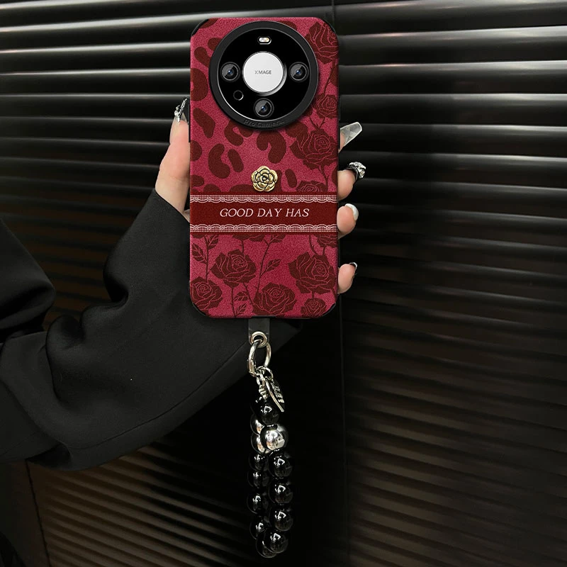 适用【华为mate60pro】豹纹玫瑰ins风秋冬酒红翻毛皮网红手机壳女款