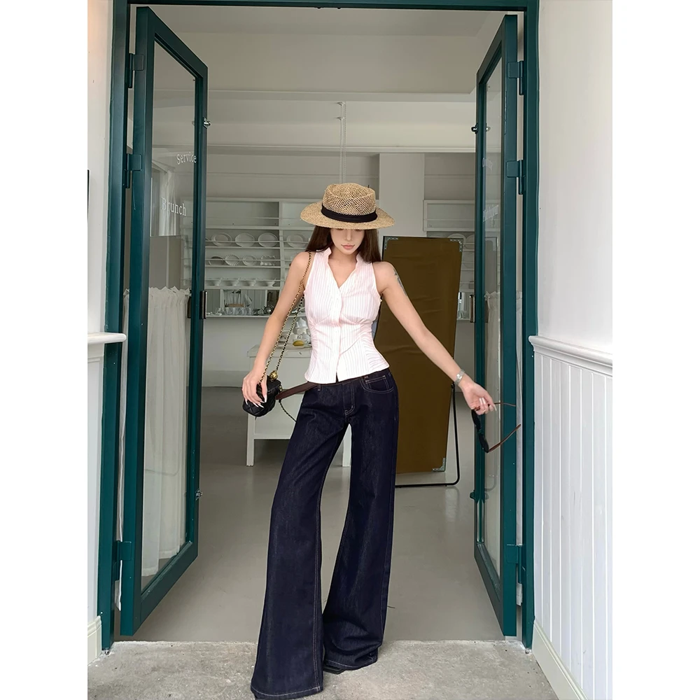 丹宁色牛仔裤女25年新款低腰宽松显瘦阔腿裤气质刺绣款牛仔98020