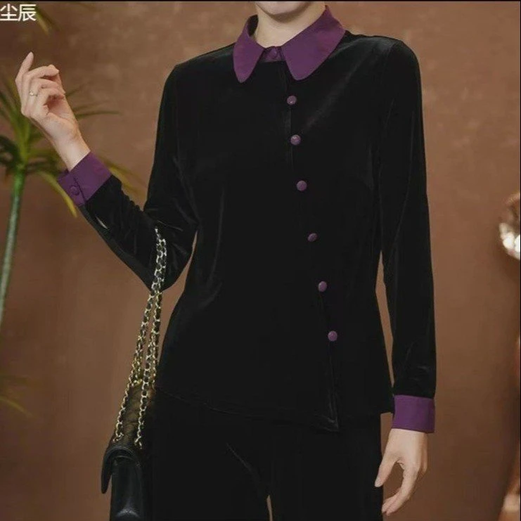 爆款2025秋季新款时尚拼色翻领丝绒长袖打底衫妈妈装