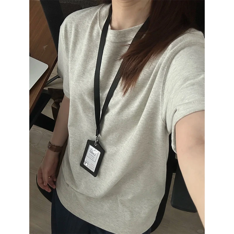 燕麦花灰色T恤男夏季重磅新疆长绒棉磨毛小领口短袖情侣装七分袖