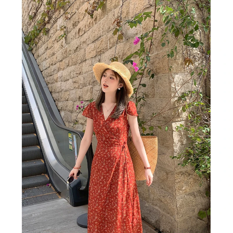 FUGUI RICH小个子V领连衣裙女中长款夏季法式短袖裙子26251L1825