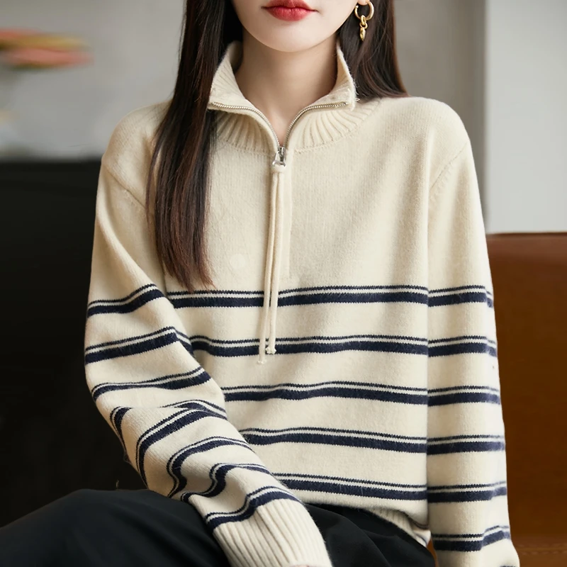 春秋2025新款时尚短款翻领毛衣女秋冬宽松显瘦大码条纹针织打底衫