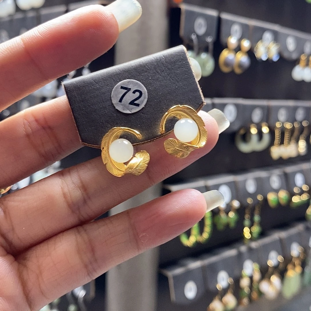 拿***ღ银S925镀金镶嵌和田玉耳饰