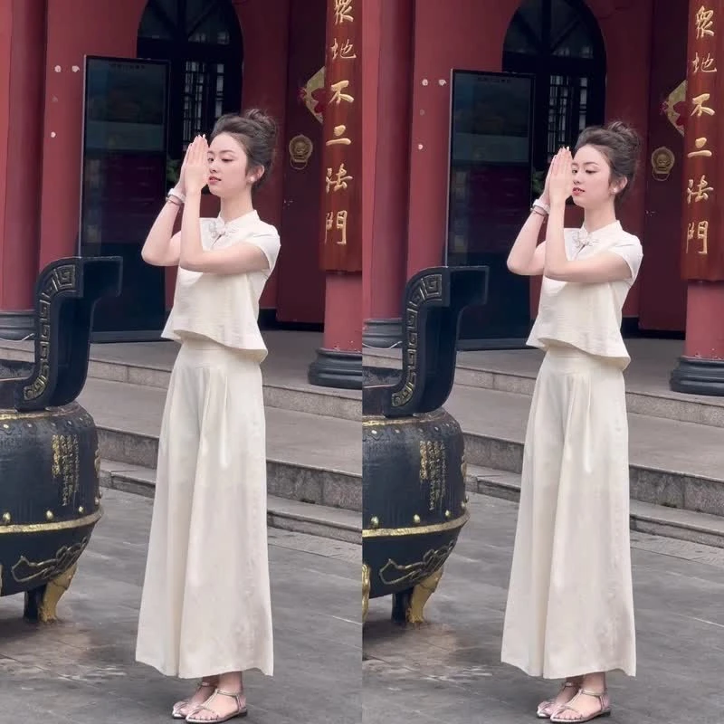 (山黛远)2025新中式国风立体装饰花盘扣不规则复古显瘦套装时尚